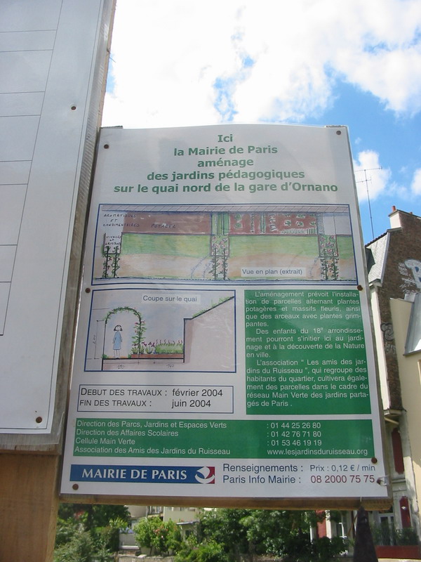 Affiche sur les jardins amnags sur le quai nord de la Gare de Boulevard Ornano au 22 Mai 2004